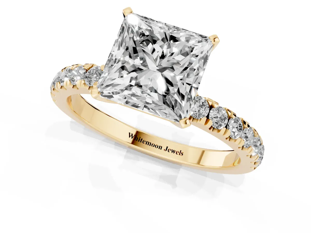 Princess Cut Diamond Solitaire Ring with Pavé Accents and Four-Prong Setting Yellow gold