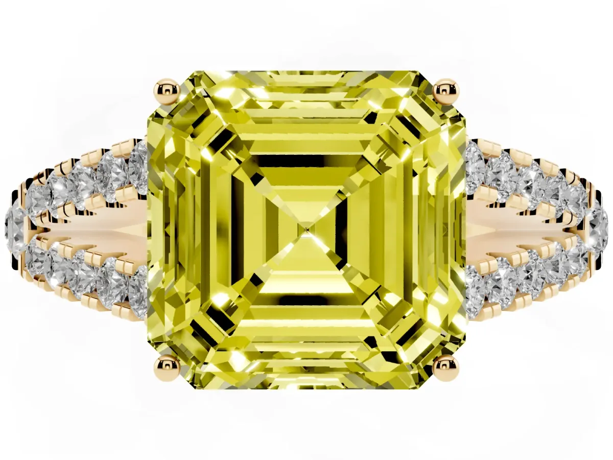 Fancy Yellow Asscher Cut Diamond Split Shank Engagement Ring with Round Pavé and Prong Setting Yellow gold