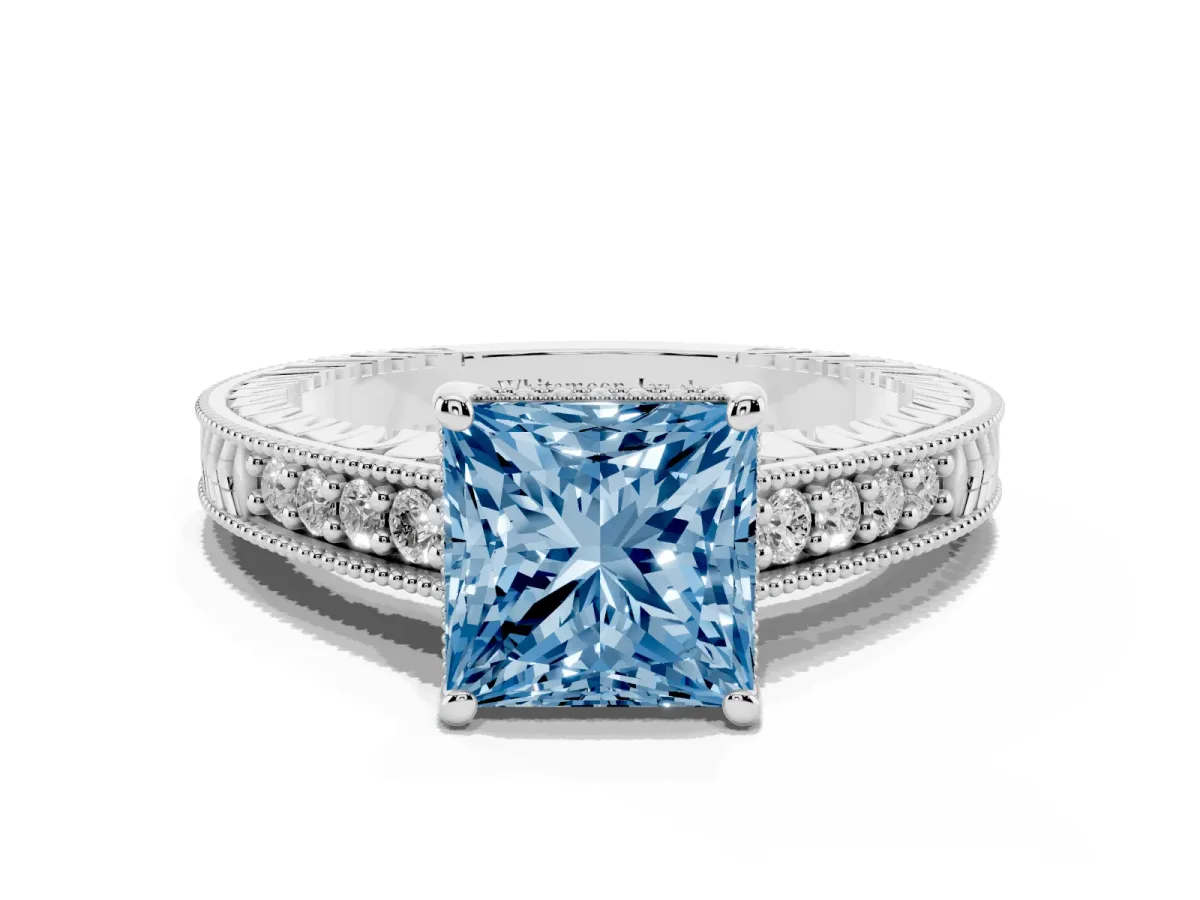 Fancy Blue Princess Cut Solitaire Pavé Diamond Milgrain Engagement Ring with Four-Prong Setting Silver
