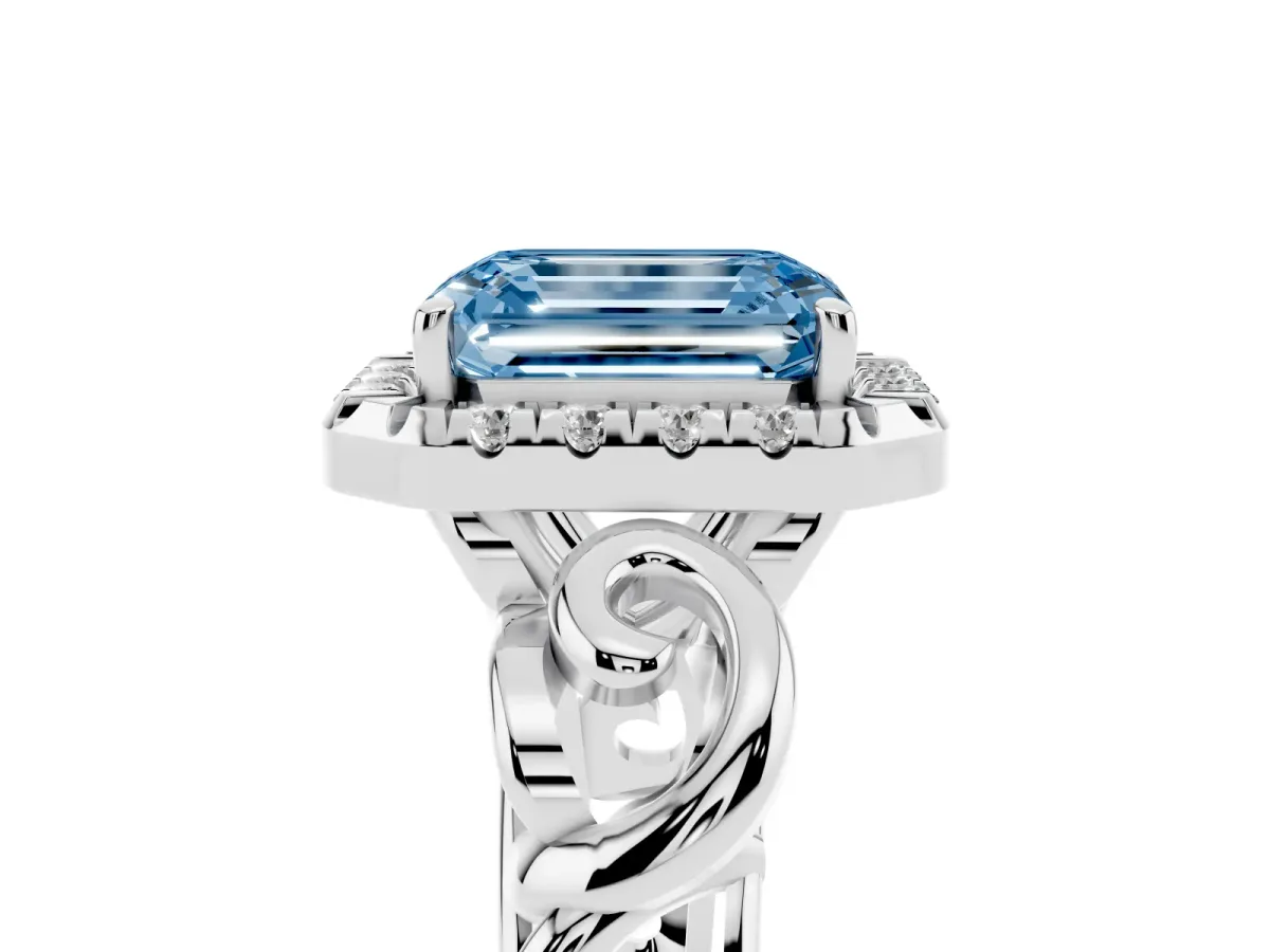 Fancy Blue Emerald Cut Cut Halo Diamond Ring with Scrollwork Band and Four-Prong Setting Silver