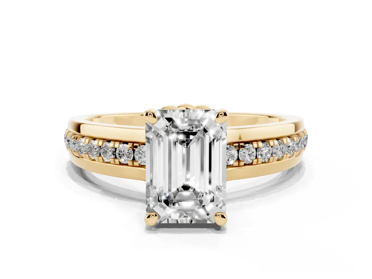 Emerald Cut Solitaire Diamond Ring with Channel Set Band and Six-Prong Setting Yellow gold