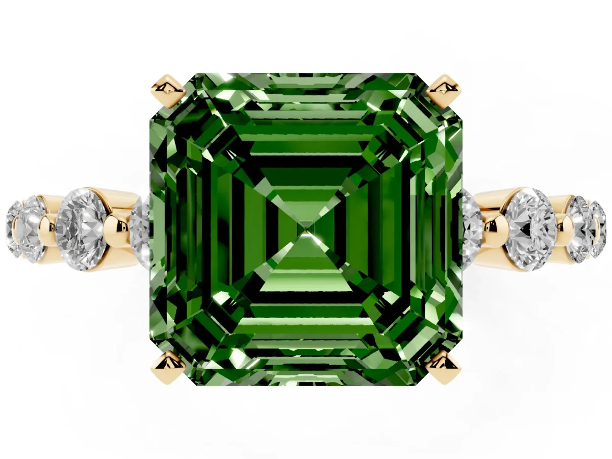 Fancy Green Asscher Cut Solitaire Diamond Ring with Pave Band and Four-Prong Setting Yellow gold