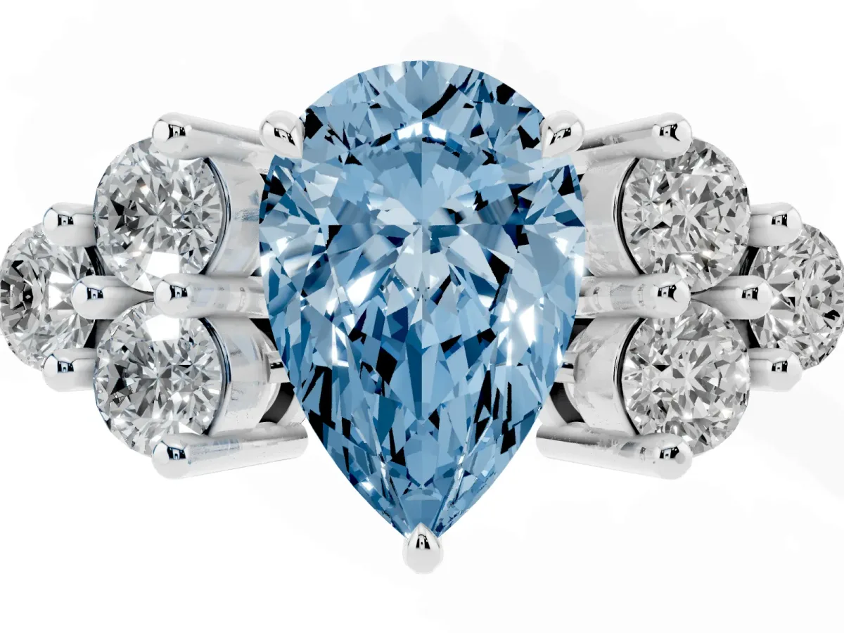 Fancy Blue Pear Cut Brilliant Diamond Cluster Accent Solitaire Ring with Prong Setting White gold