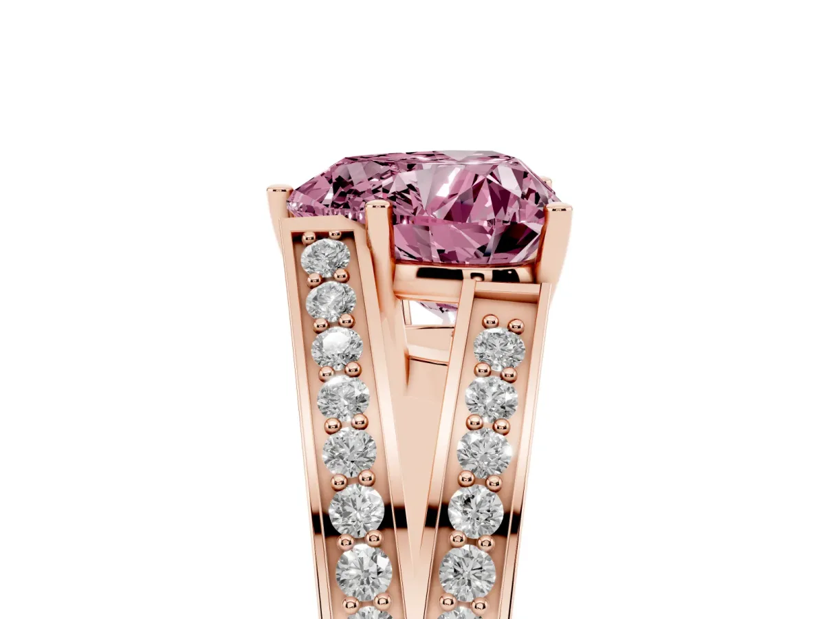 Fancy Pink Heart Cut Diamond Split Shank Ring with Pavé Band and Four-Prong Setting Rose gold