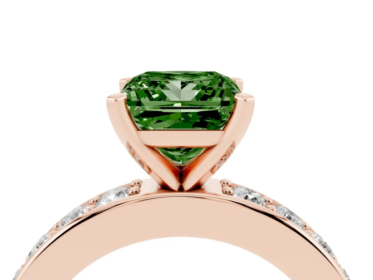 Fancy Green Princess Cut Diamond Engagement Ring with Channel Set Round Band and Prong Setting Rose gold