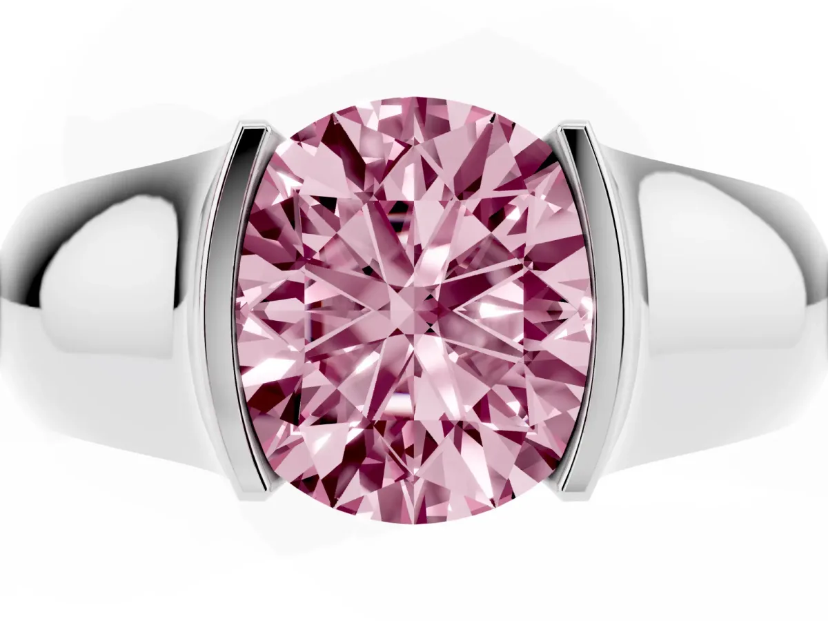Fancy Pink Round Cut Solitaire Bezel Set Diamond Ring with Wide Band Silver