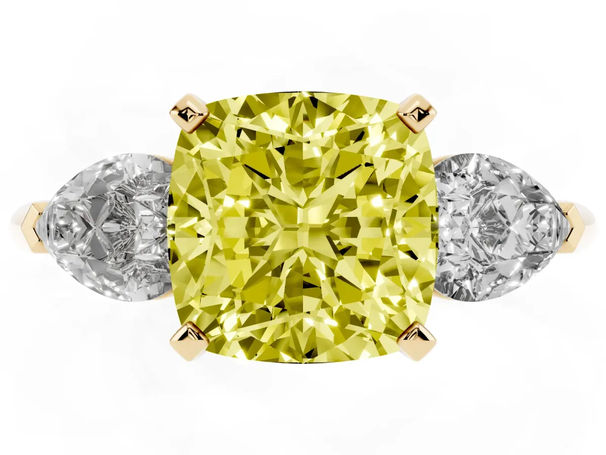 Fancy Yellow Three-Stone Cushion Cut Diamond Ring with Pear Side Stones and Four-Prong Setting Yellow gold