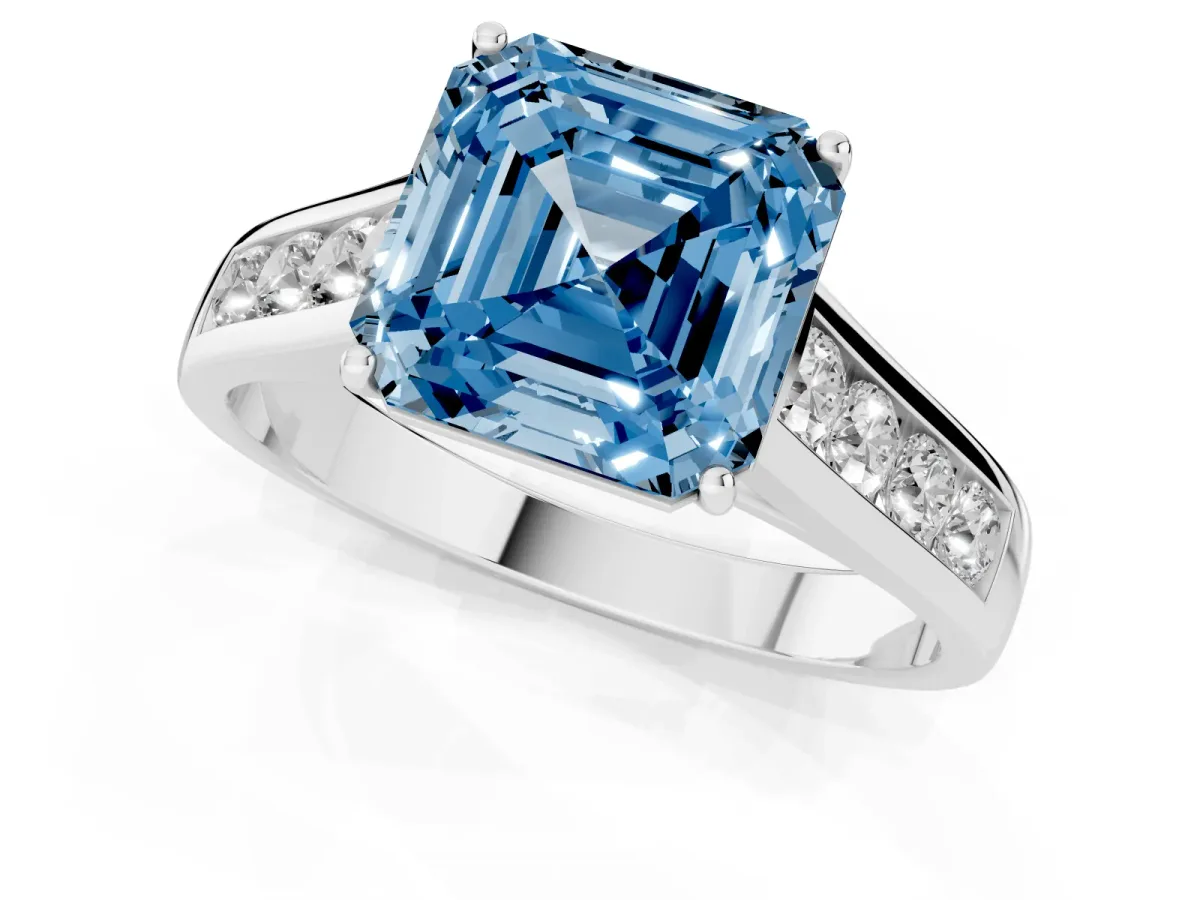Fancy Blue Asscher Cut Brilliant Channel-Set Solitaire Ring with Four-Prong Setting Silver