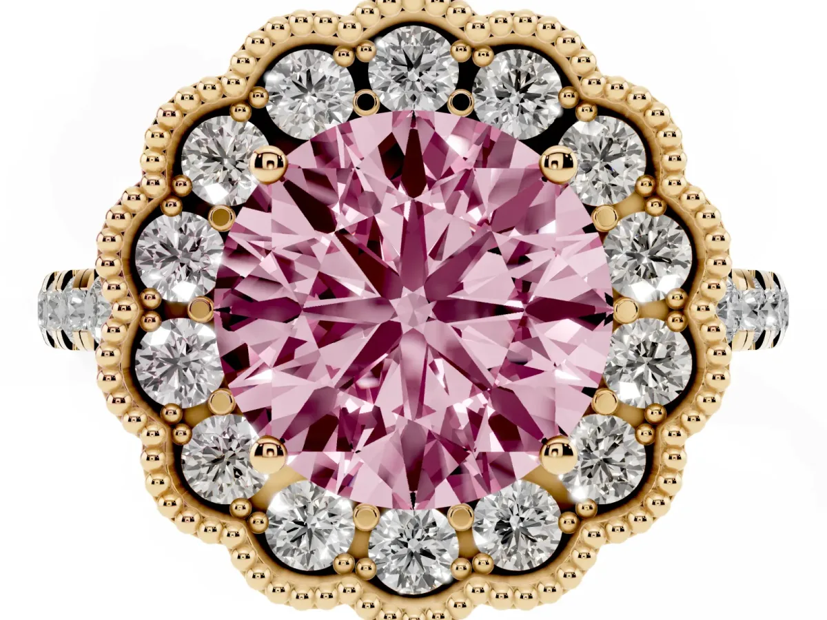 Fancy Pink Round Cut Cut Diamond Milgrain Floral Halo Engagement Ring with Pavé Band Yellow gold
