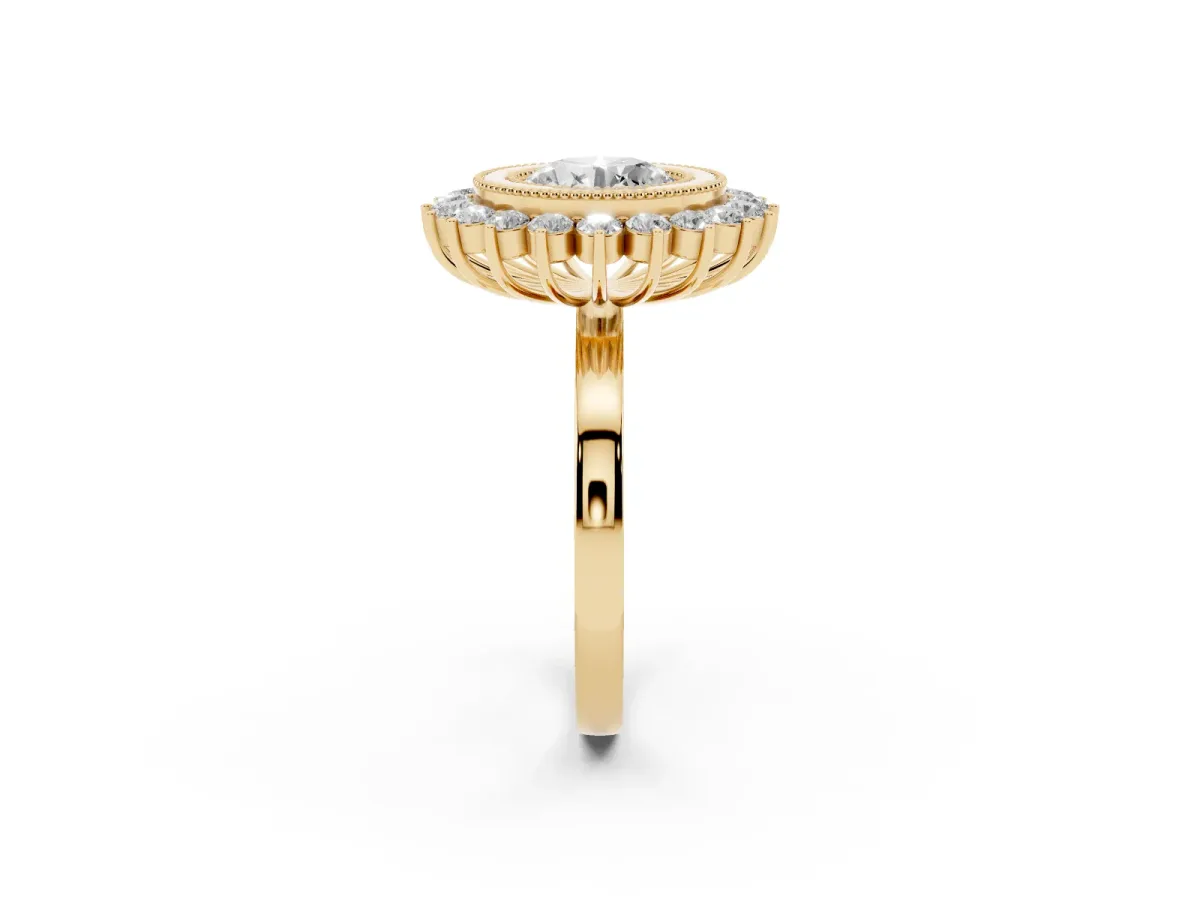 Round Cut Halo Diamond Ring with Milgrain Edge and Round Prong Setting Yellow gold
