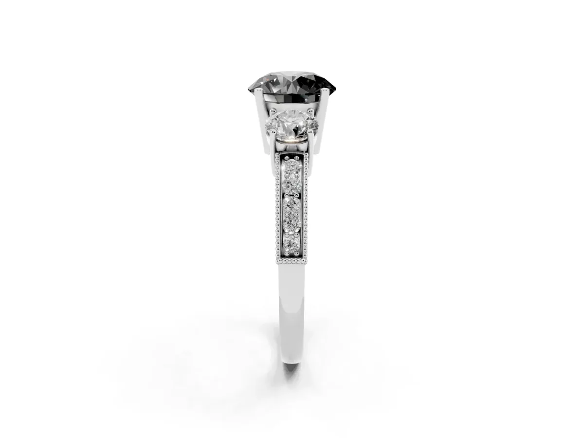 Fancy Black Round Cut Three-Stone Diamond Ring with Pavé Band and Four-Prong Setting Silver