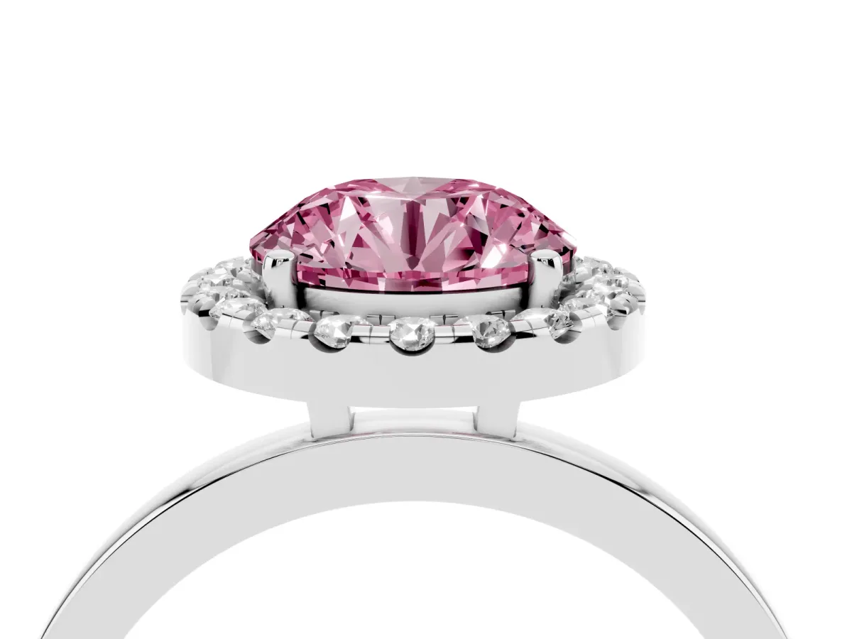 Fancy Pink Round Cut Halo Diamond Solitaire with Pavé Band and Four-Prong Setting Silver