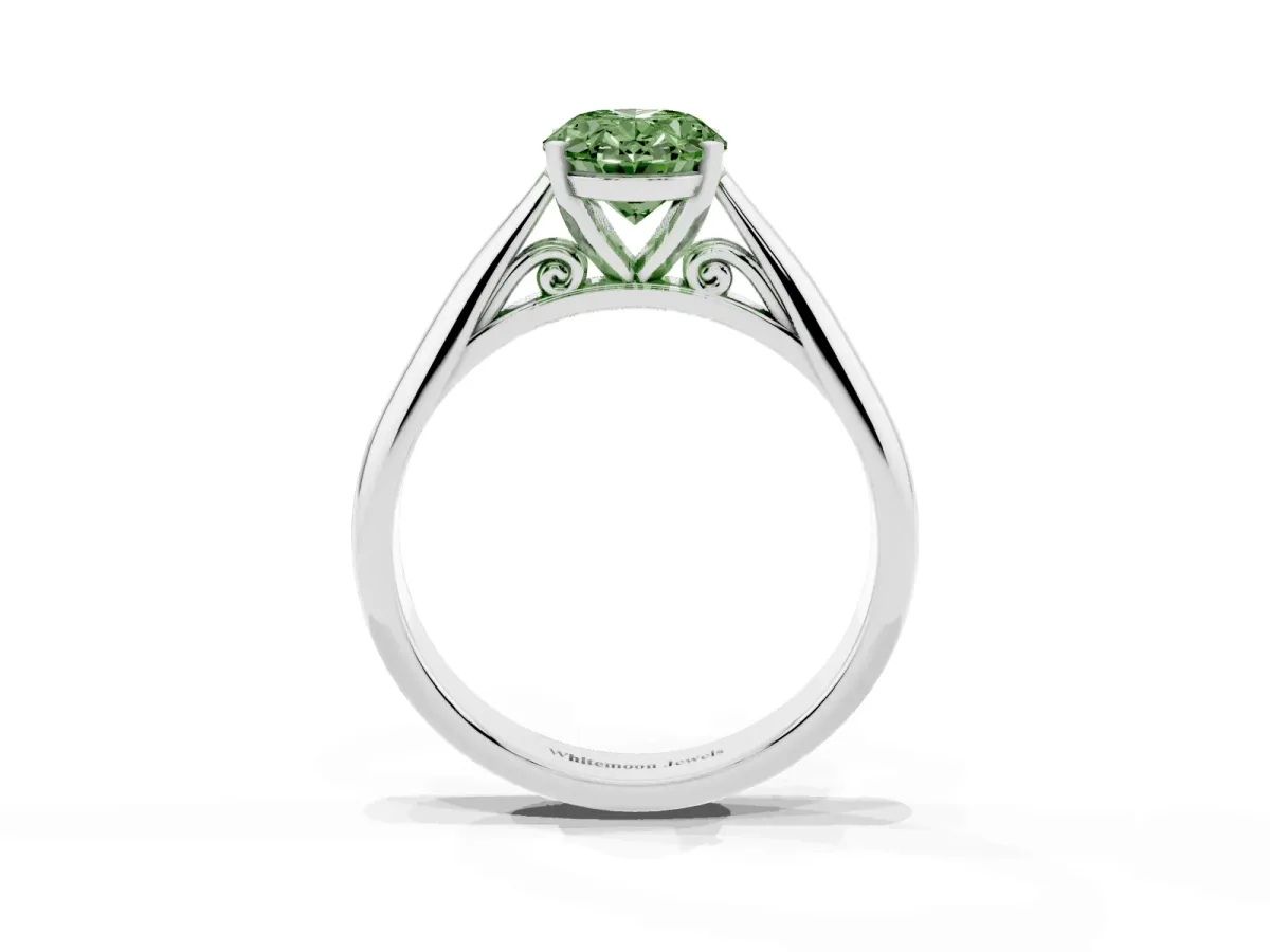 Fancy Green Oval Cut Diamond Solitaire Engagement Ring with Cathedral Setting and Four-Prong Mount Platinum