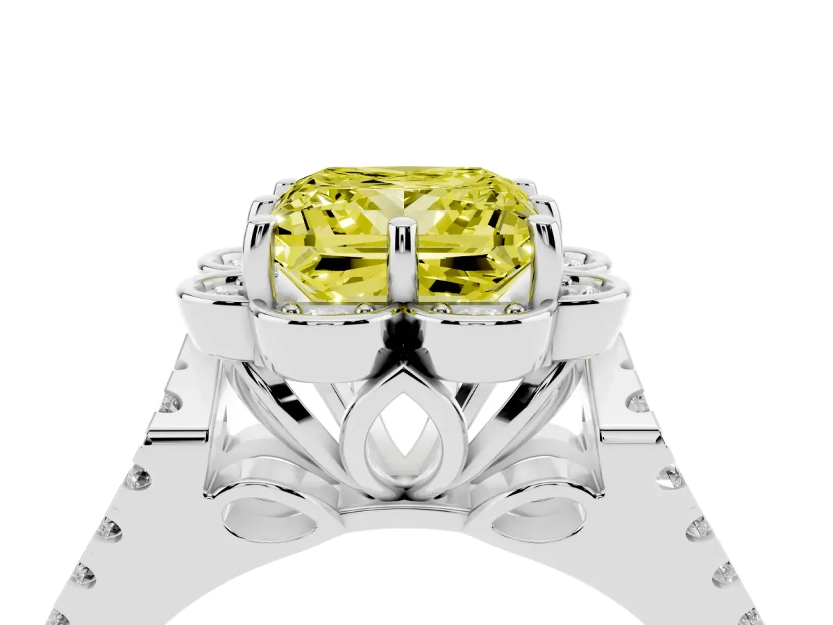 Fancy Yellow Princess Cut Halo Diamond Floral Split Shank Engagement Ring Silver