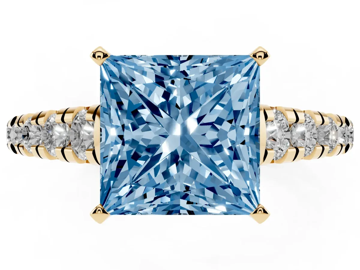 Fancy Blue Princess Cut Diamond Cathedral Solitaire Ring with Round Pavé Band Yellow gold