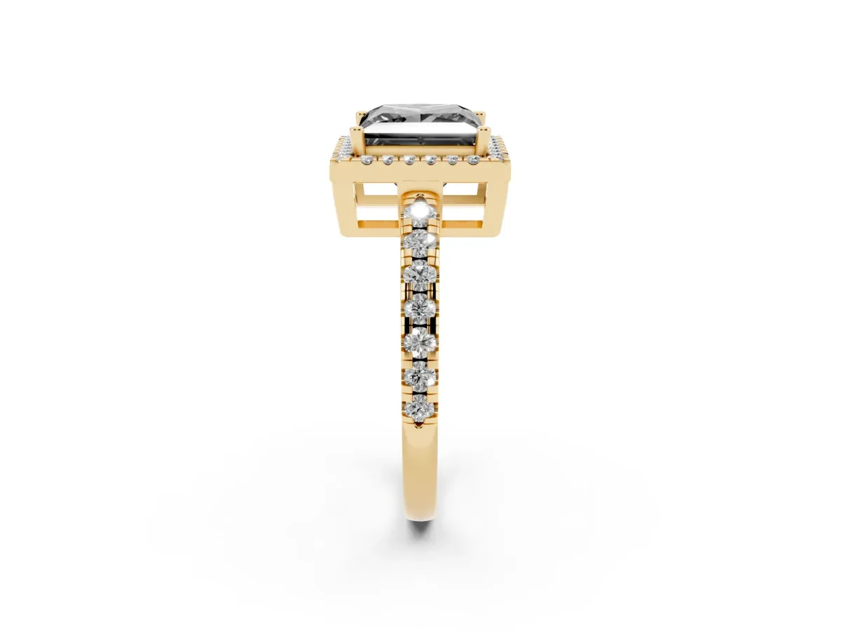 Fancy Black Princess Cut Diamond Halo Ring with Pavé Band and Four-Prong Setting Yellow gold
