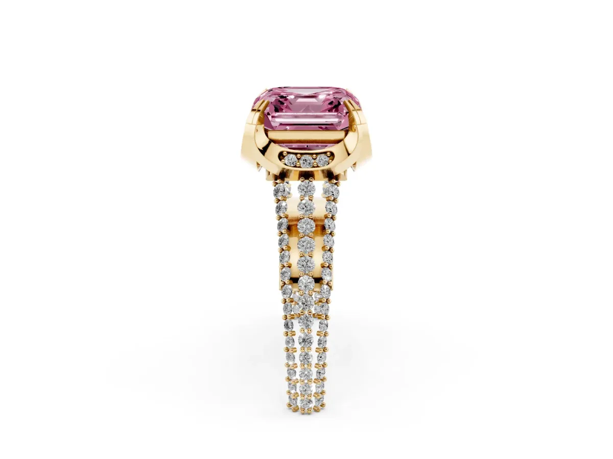 Fancy Pink Asscher Cut Solitaire Pave Split Shank Ring with Four-Prong Setting Yellow gold