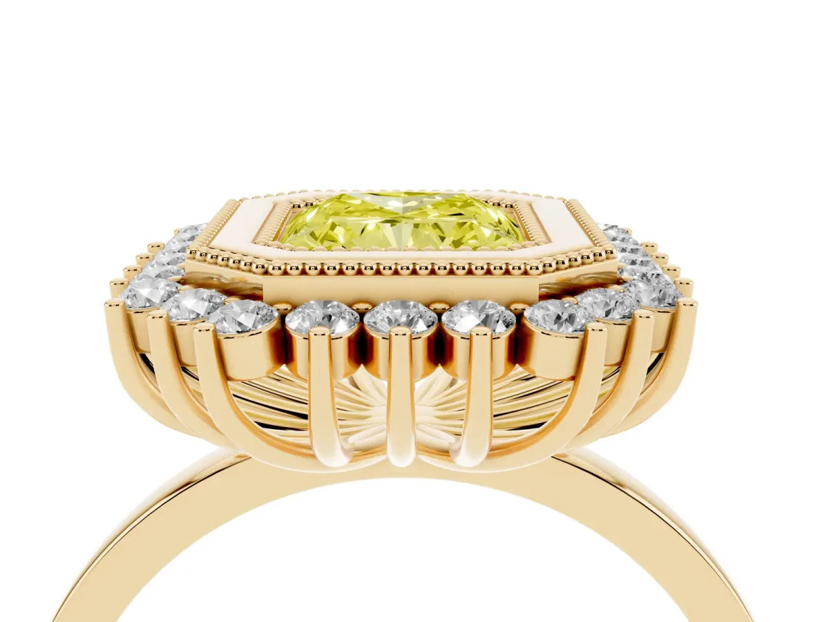 Fancy Yellow Radiant Cut Halo Diamond Ring with Milgrain Edge and Round Prong Setting Yellow gold