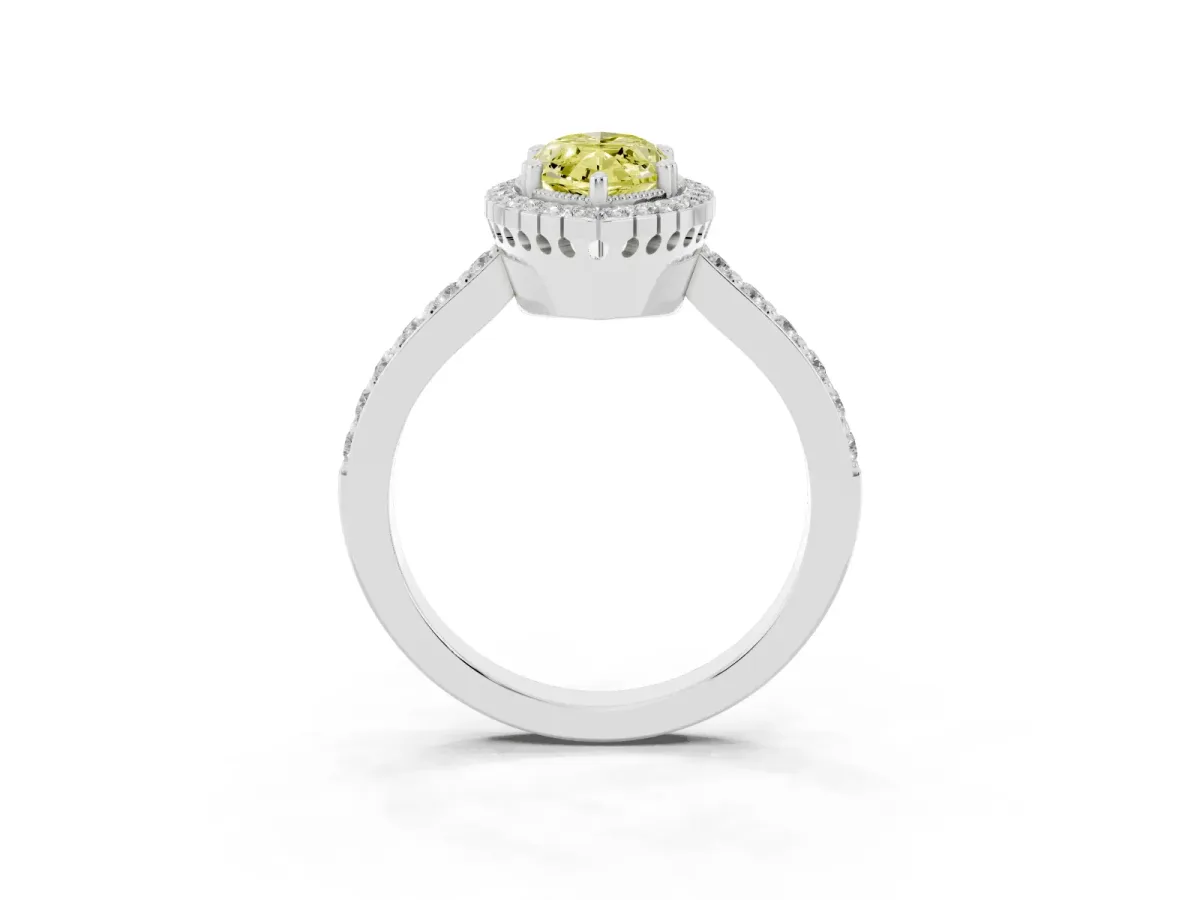Fancy Yellow Marquise Cut Cut Diamond Halo Engagement Ring with Milgrain Detail and Pavé Band Silver
