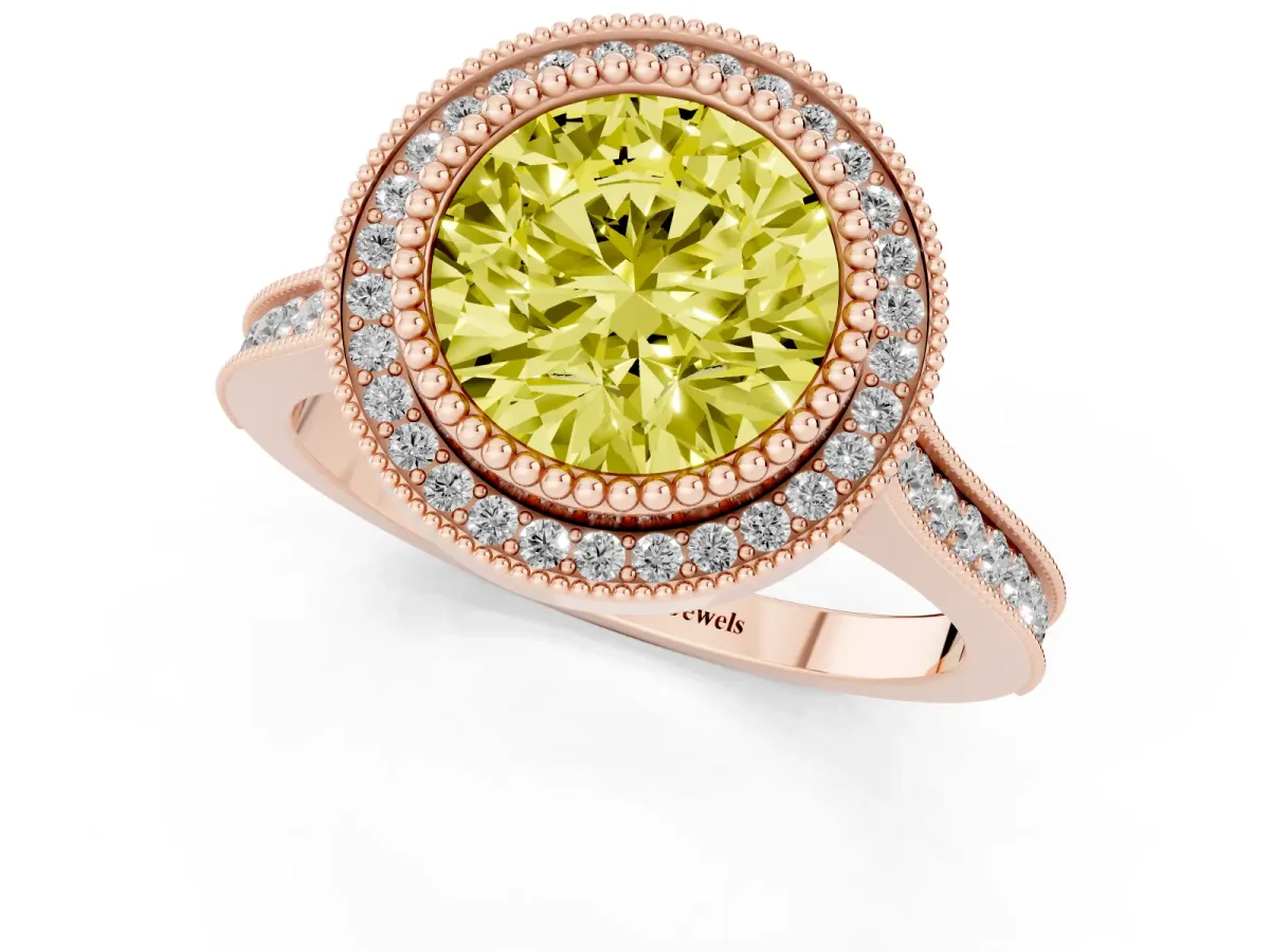 Fancy Yellow Round Cut Diamond Halo Ring with Milgrain Frame and Pavé Band Rose gold