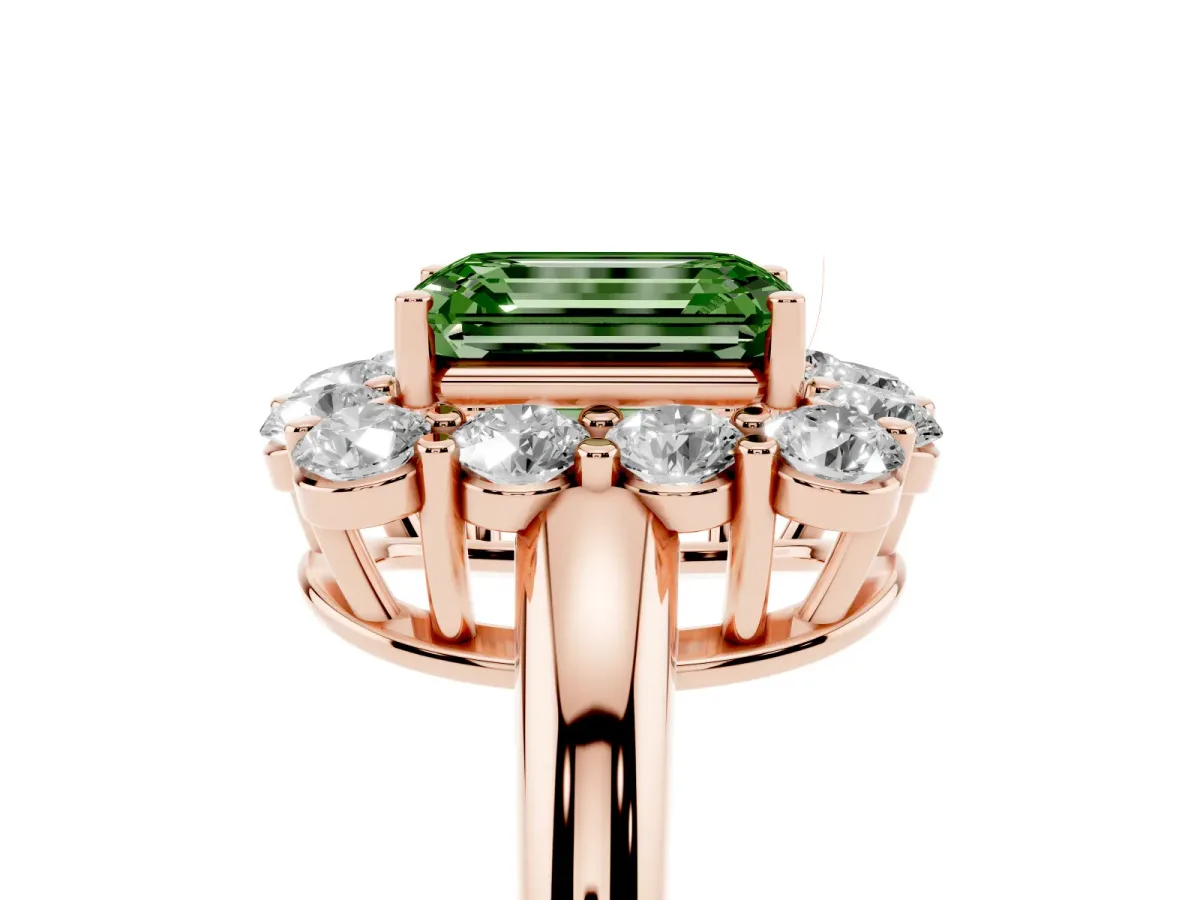 Fancy Green Emerald Cut Halo Cluster Diamond Engagement Ring with Prong Setting and Polished Band Rose gold