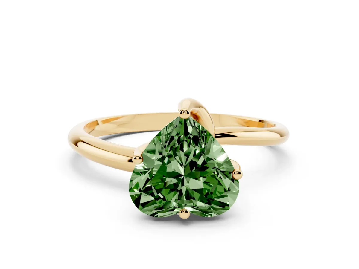 Fancy Green Heart Cut Diamond Solitaire Engagement Ring with Four-Prong Setting and Classic Band Yellow gold