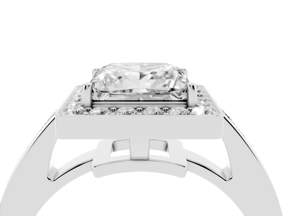 Princess Cut Halo Pavé Diamond Engagement Ring with Bezel Setting Silver