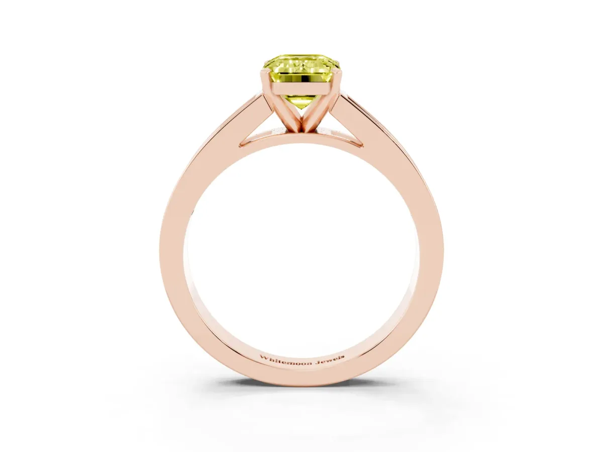 Fancy Yellow Emerald Cut Solitaire Diamond Ring with Channel-Set Band and Four-Prong Setting Rose gold