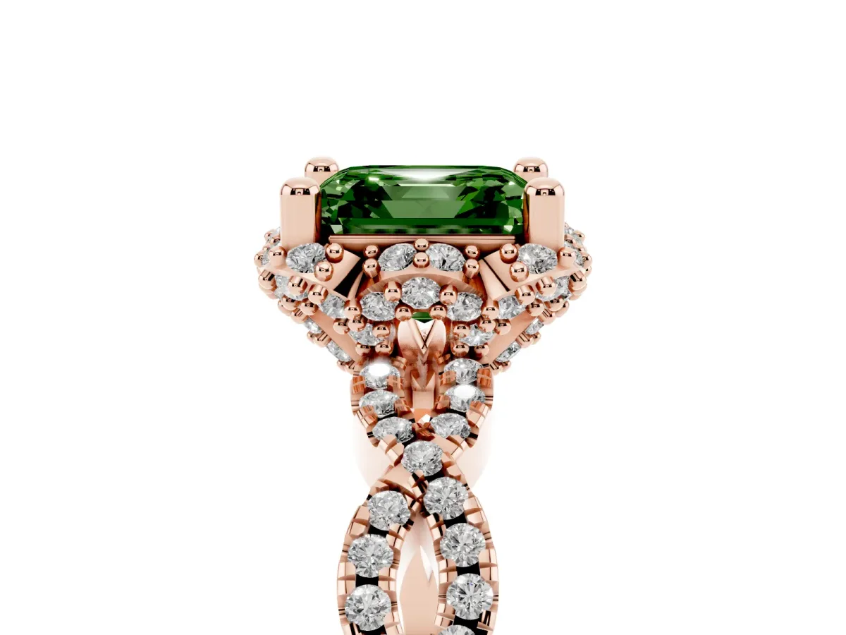 Fancy Green Asscher Cut Halo Twist Band Solitaire Ring with Six-Prong Setting Rose gold