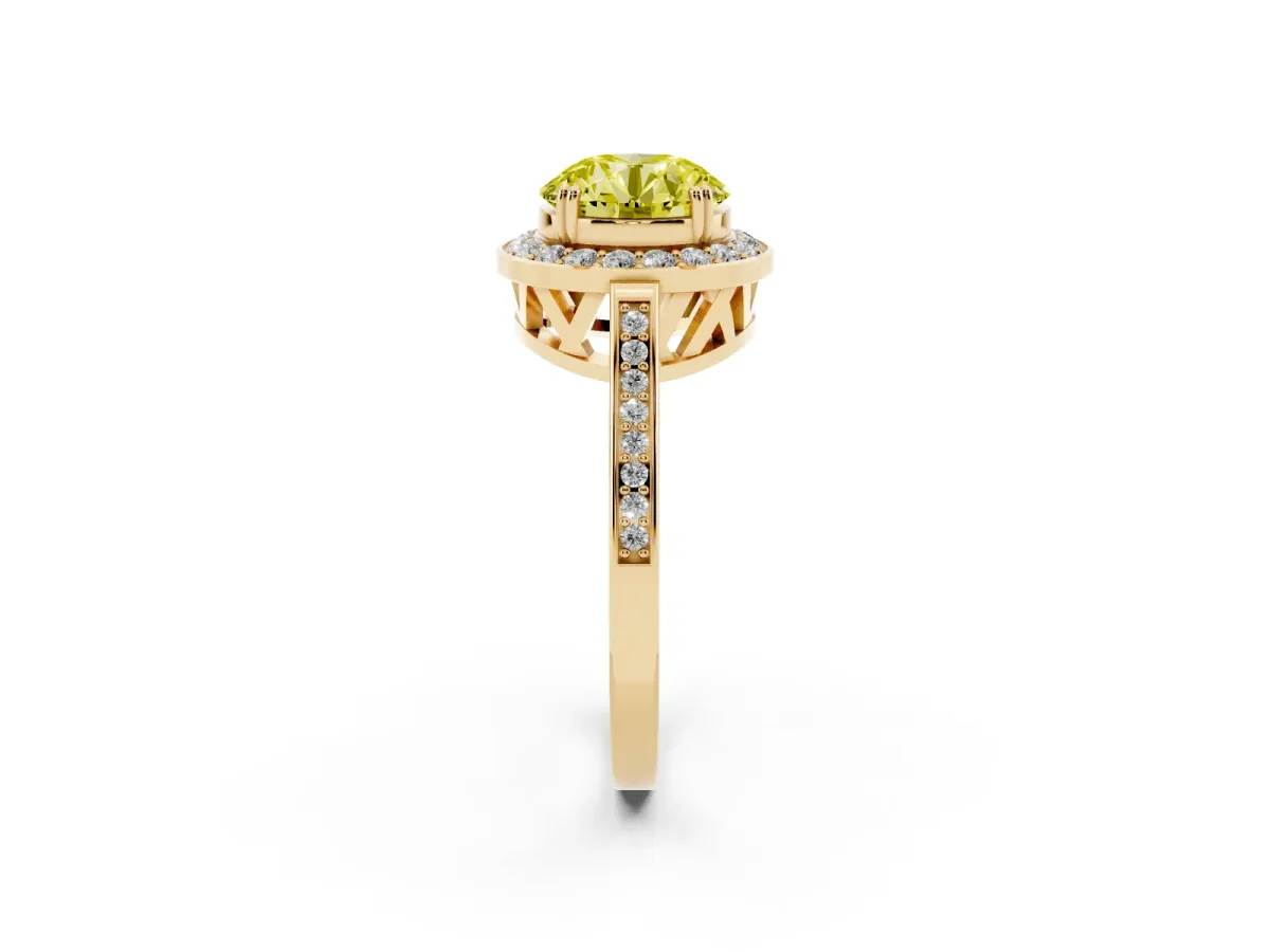 Fancy Yellow Round Cut Diamond Halo Ring with Split Shank and Four-Prong Setting Yellow gold