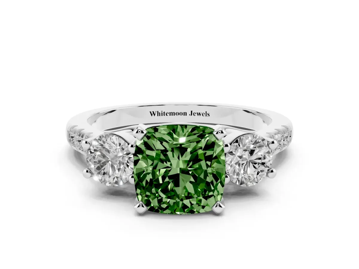 Fancy Green Three-Stone Cushion Cut Diamond Pavé Band with Four-Prong Setting Silver