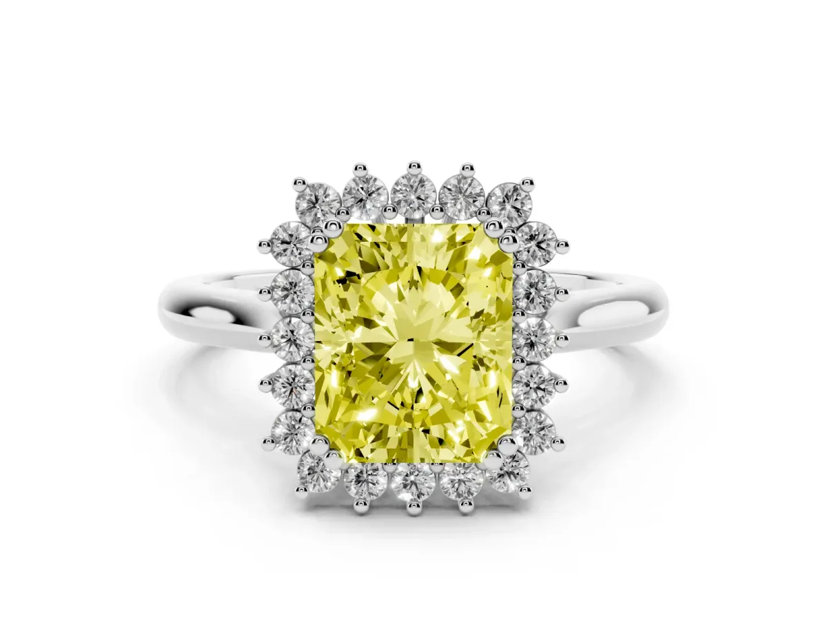 Fancy Yellow Radiant Cut Cut Diamond Halo Ring with Solitaire Band and Prong Setting White gold