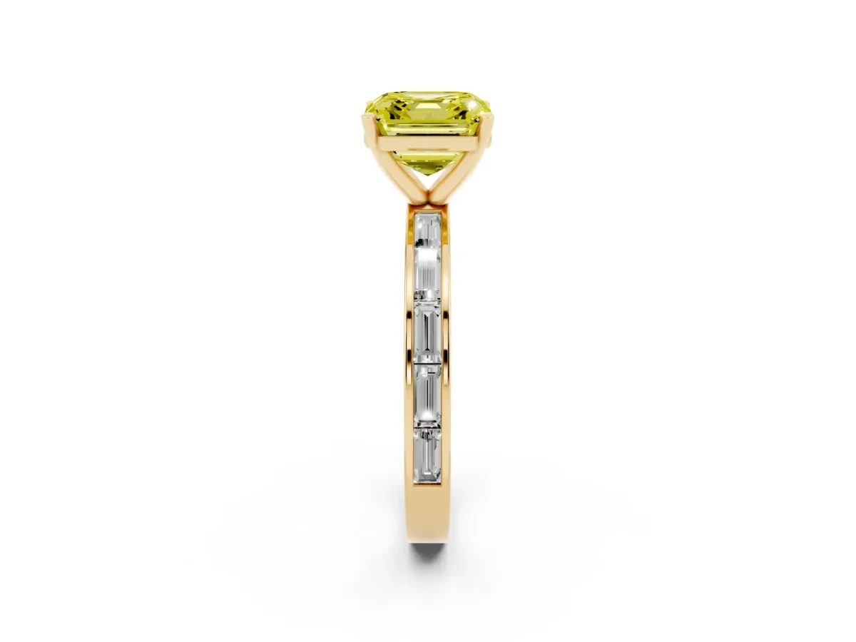 Fancy Yellow Asscher Cut Solitaire Diamond Ring with Channel-Set Baguette Band and Four-Prong Setting Yellow gold
