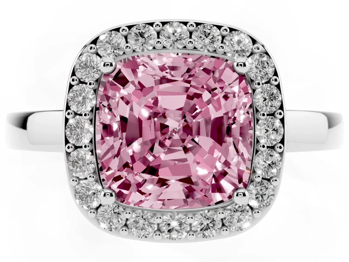 Fancy Pink Cushion Cut Halo Diamond Ring with Solitaire Band and Prong Setting Silver