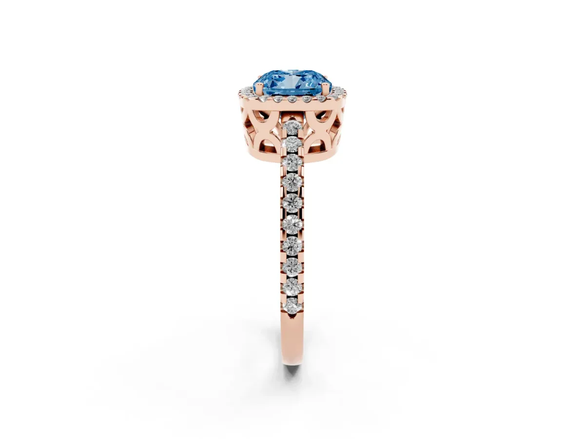 Fancy Blue Cushion Cut Diamond Halo Engagement Ring with Pavé Band and Prong Setting Rose gold
