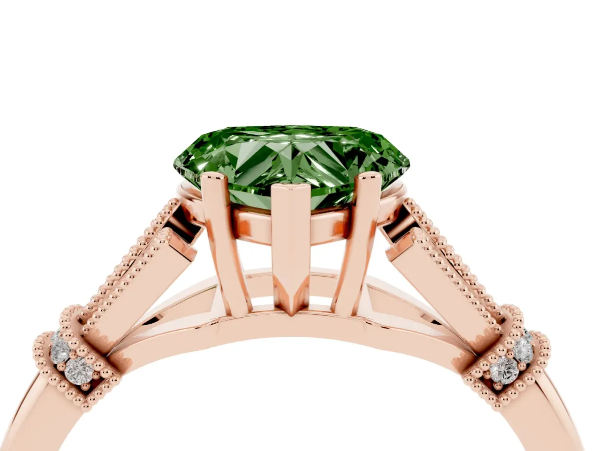 Fancy Green Heart Cut Diamond Solitaire Ring with Floral Filigree and Pave Accents Rose gold