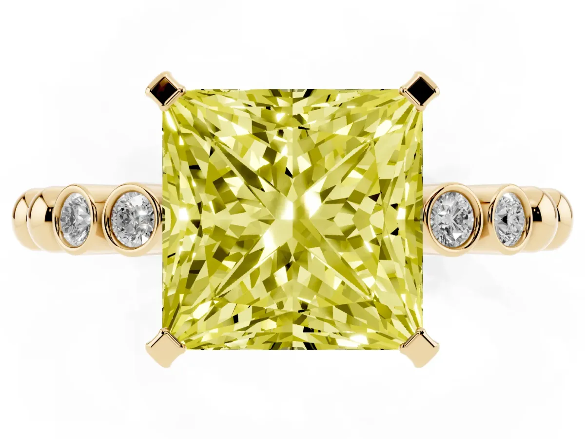 Fancy Yellow Princess Cut Solitaire Bezel Accent Diamond Engagement Ring with Beaded Band and Four-Prong Setting Yellow gold