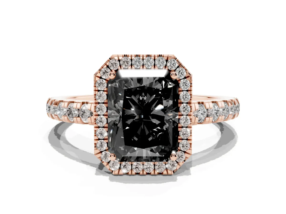 Fancy Black Radiant Cut Diamond Halo Ring with Pavé Band and Four-Prong Setting Rose gold