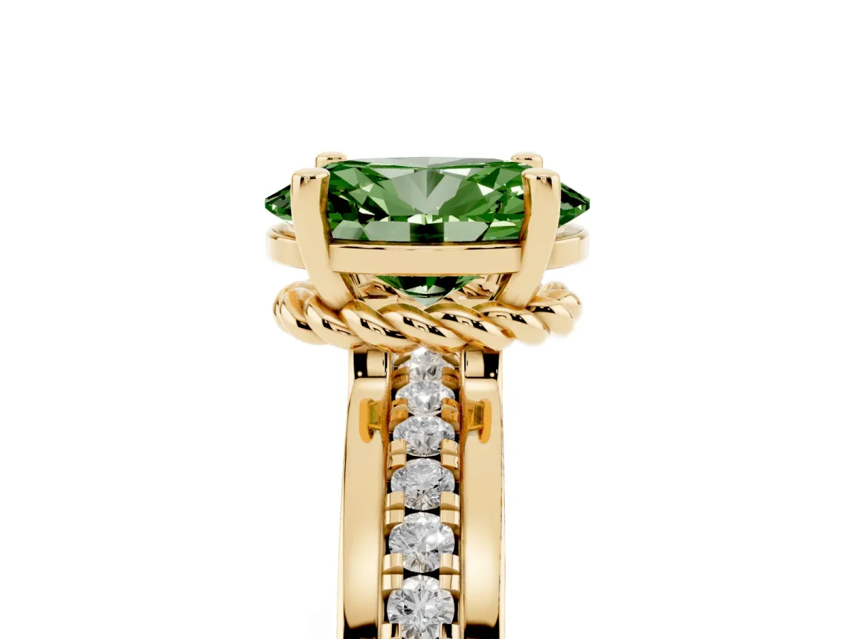 Fancy Green Oval Cut Solitaire Diamond Ring with Channel Set Band and Six-Prong Setting Yellow gold