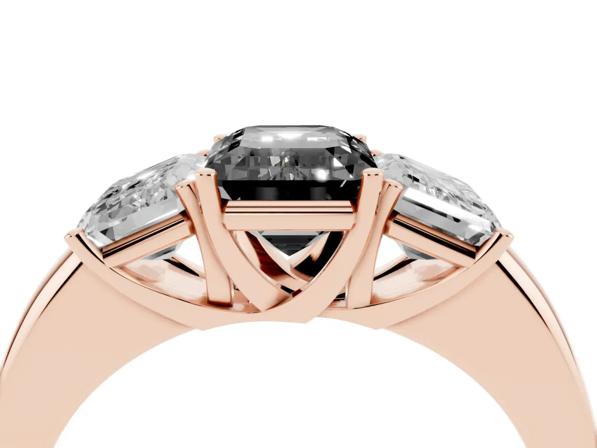 Fancy Black Emerald Cut Diamond Three-Stone Ring with Four-Prong Setting and Classic Band Rose gold