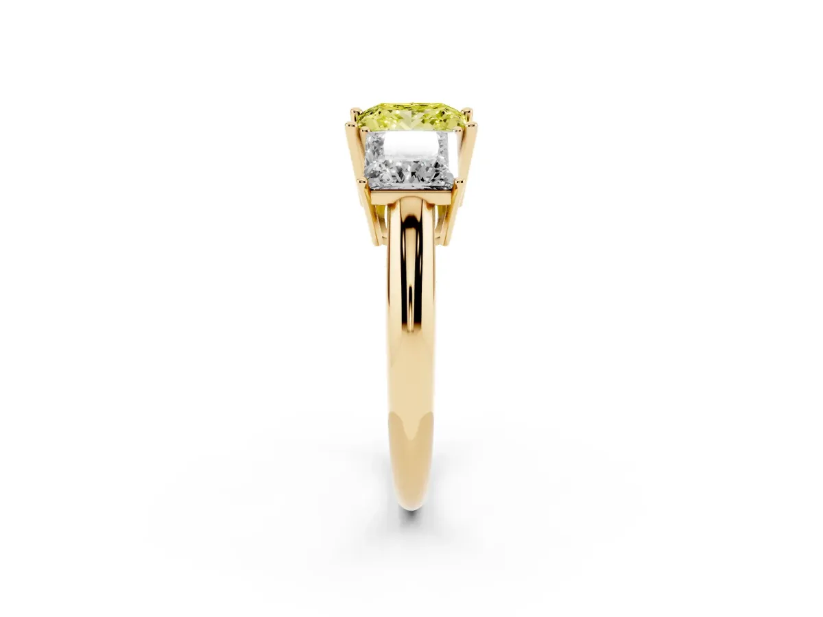 Fancy Yellow Three-Stone Princess Cut Cut Diamond Engagement Ring with Prong Setting on a White Gold Band Yellow gold
