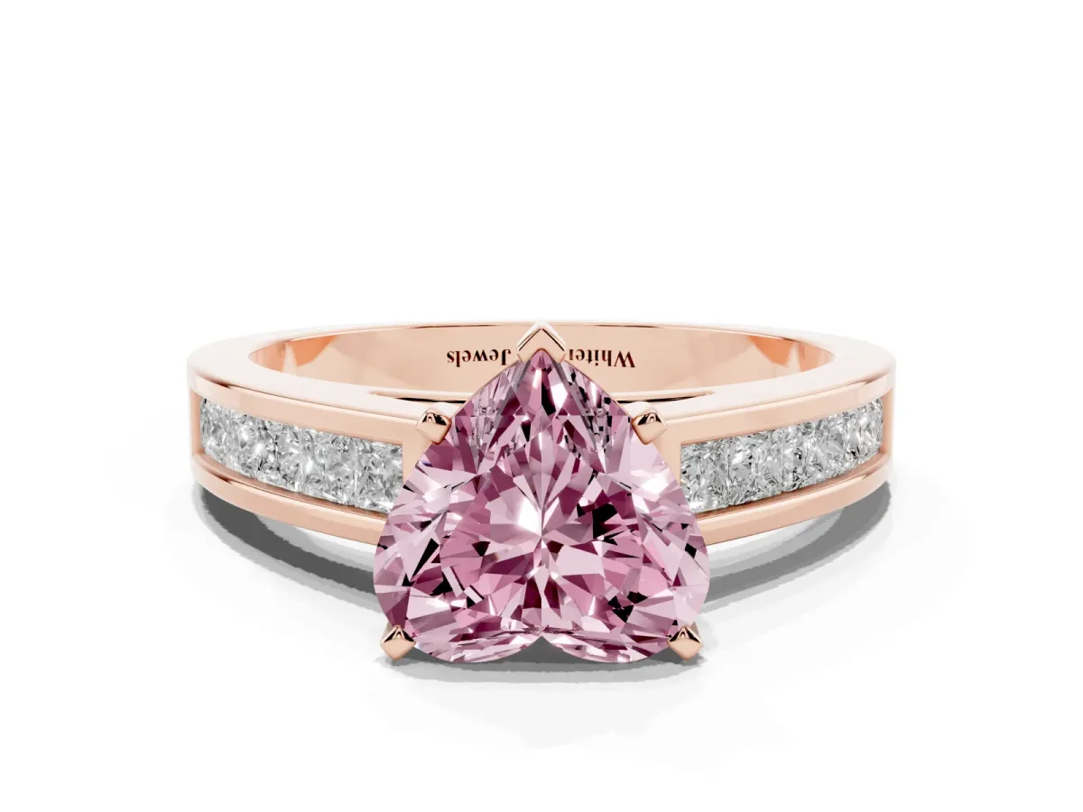 Fancy Pink Heart Cut Solitaire Diamond Ring with Channel-Set Band and Four-Prong Setting Rose gold