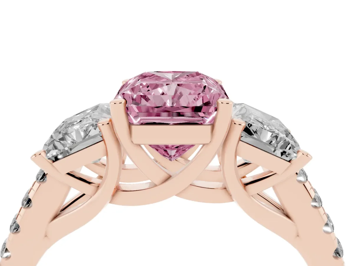 Fancy Pink Three-Stone Radiant Cut Diamond Ring with Round Pavé Band and Prong Setting Rose gold