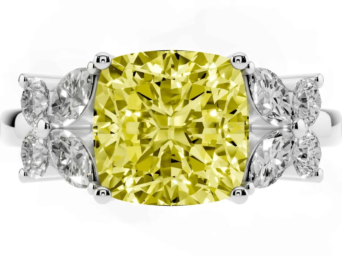 Fancy Yellow Cushion Cut Diamond Floral Cluster Ring with Solitaire Band and Prong Setting Silver