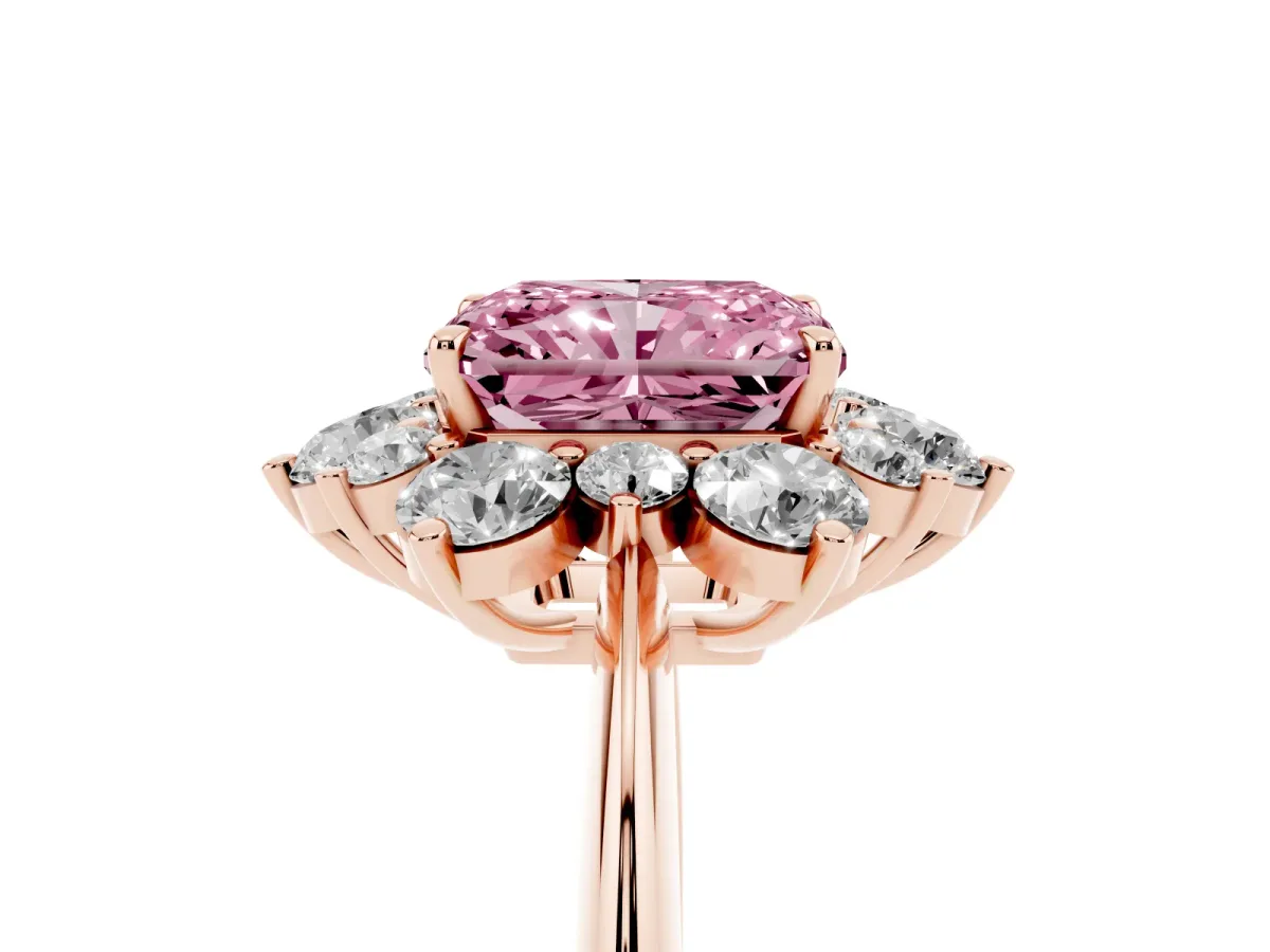 Fancy Pink Radiant Cut Diamond Cluster Halo Ring with Solitaire Band and Four-Prong Setting Rose gold
