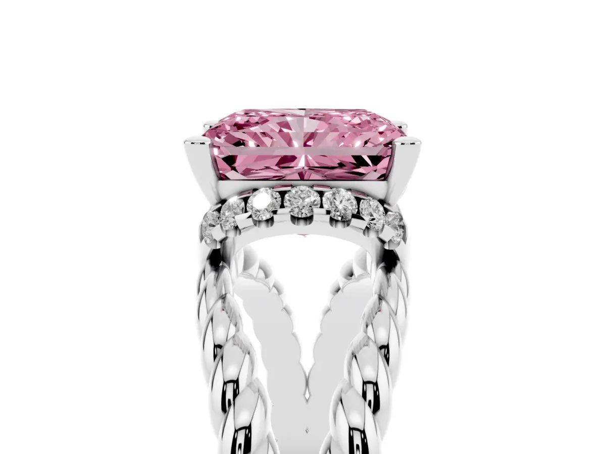 Fancy Pink Radiant Cut Halo Twisted Band Four-Prong Ring Silver
