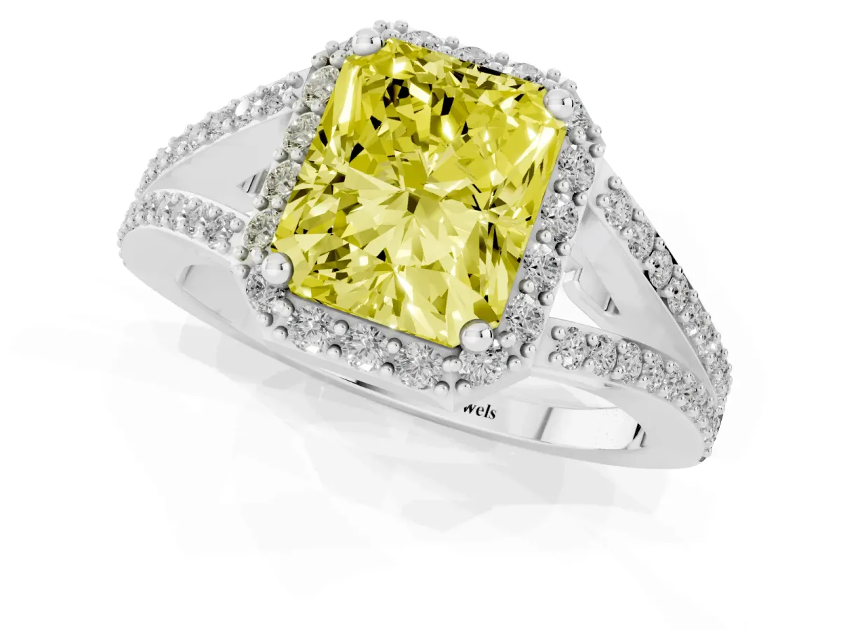 Fancy Yellow Radiant Cut Halo Split Shank Diamond Ring with Prong Setting Silver