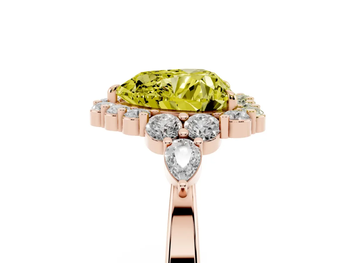 Fancy Yellow Heart Cut Diamond Halo Ring with Pear Side Stones and Prong Setting Rose gold