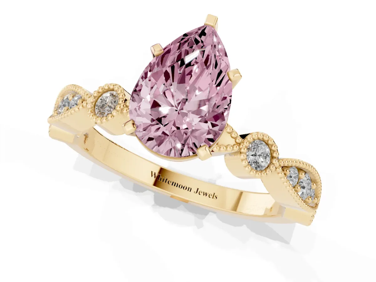 Fancy Pink Pear Cut Milgrain Bezel Diamond Engagement Ring with Solitaire Prong Setting Yellow gold
