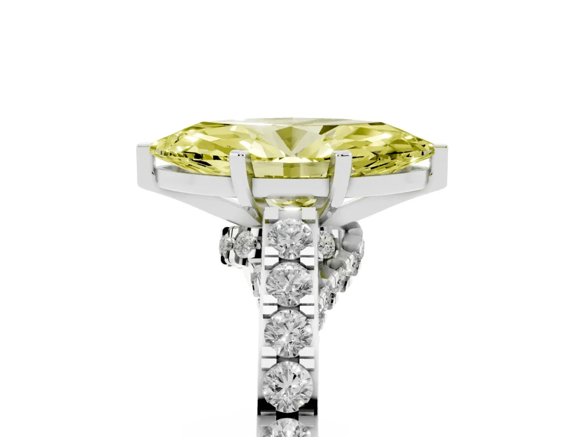 Fancy Yellow Marquise Cut Diamond Solitaire Ring with Crossover Gallery and Round Pavé Band Platinum